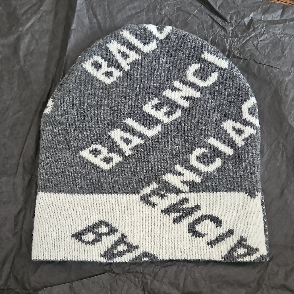 Balenciaga Gray and White Knit Beanie